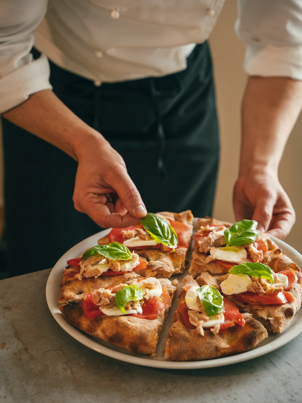 Hands topping a pizza with basil