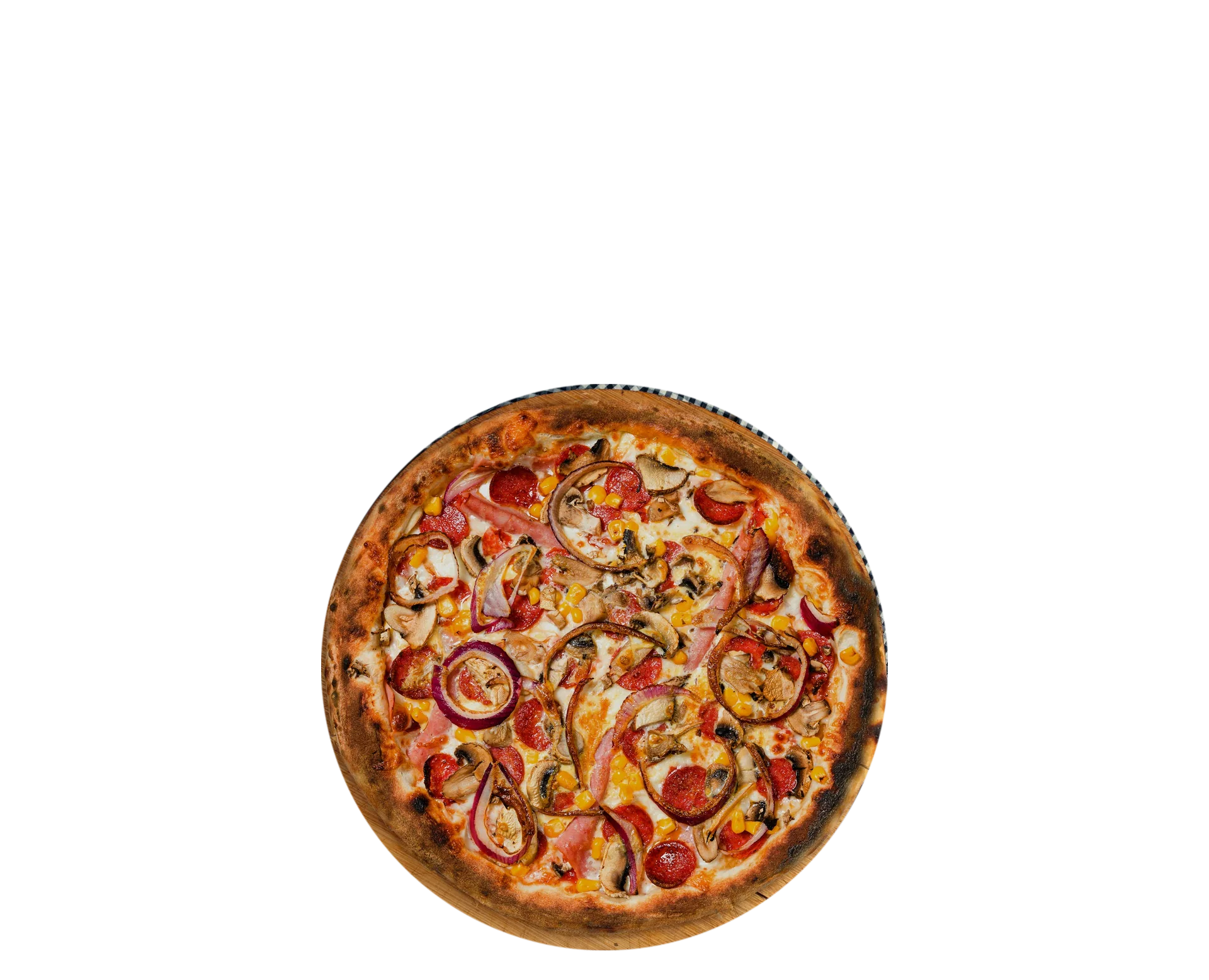 A Capricciosa in front of the oven flames